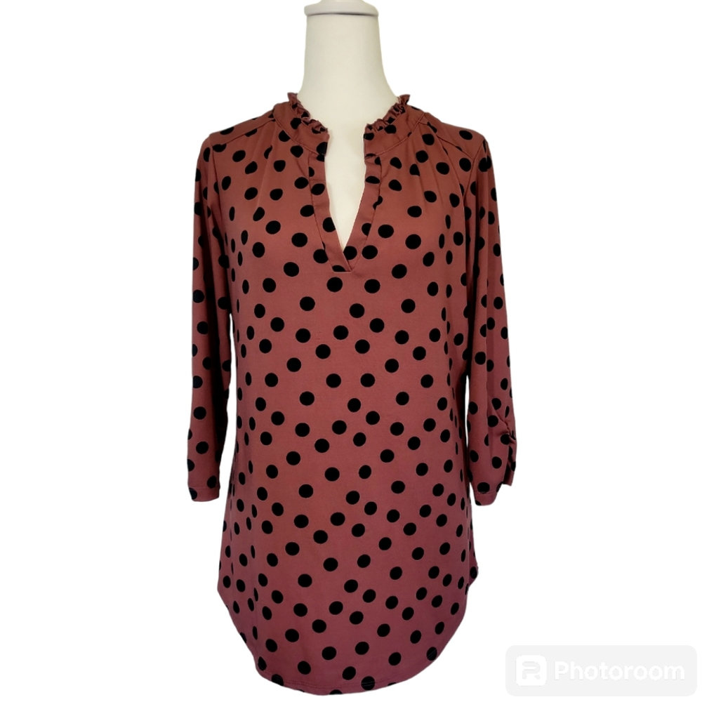 Womens Perception Conception 3/4 Sleeve Maroon & Black Polka Dot Ruffled Blouse